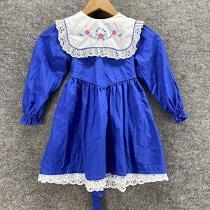 Bryan Dress Girls 5 Blue Sheath Short Crew Neck Long Sleeve Button Cotton Belted